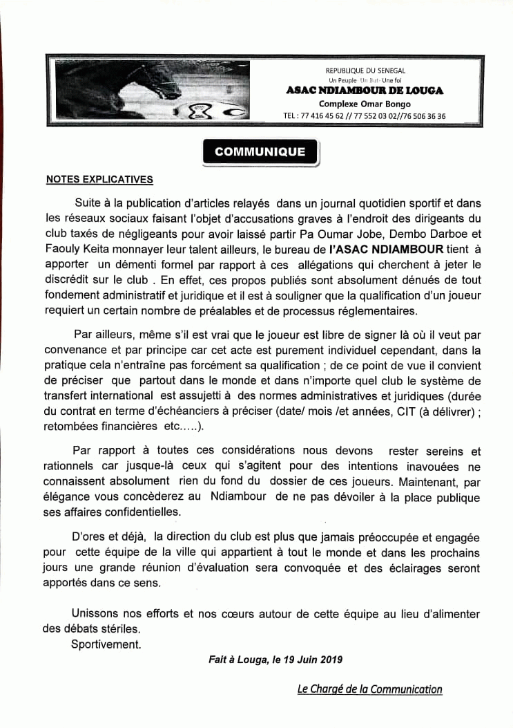 Cas Pa Omar Joob , Faouly et Darboe : Le chargé de communication de l’Asac Ndiambour apporte son démenti 